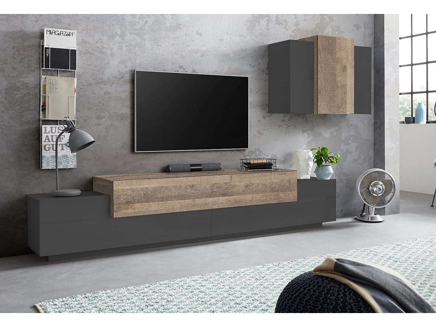Meuble TV mural moderne en bois noir et placard suspendu Stady AP