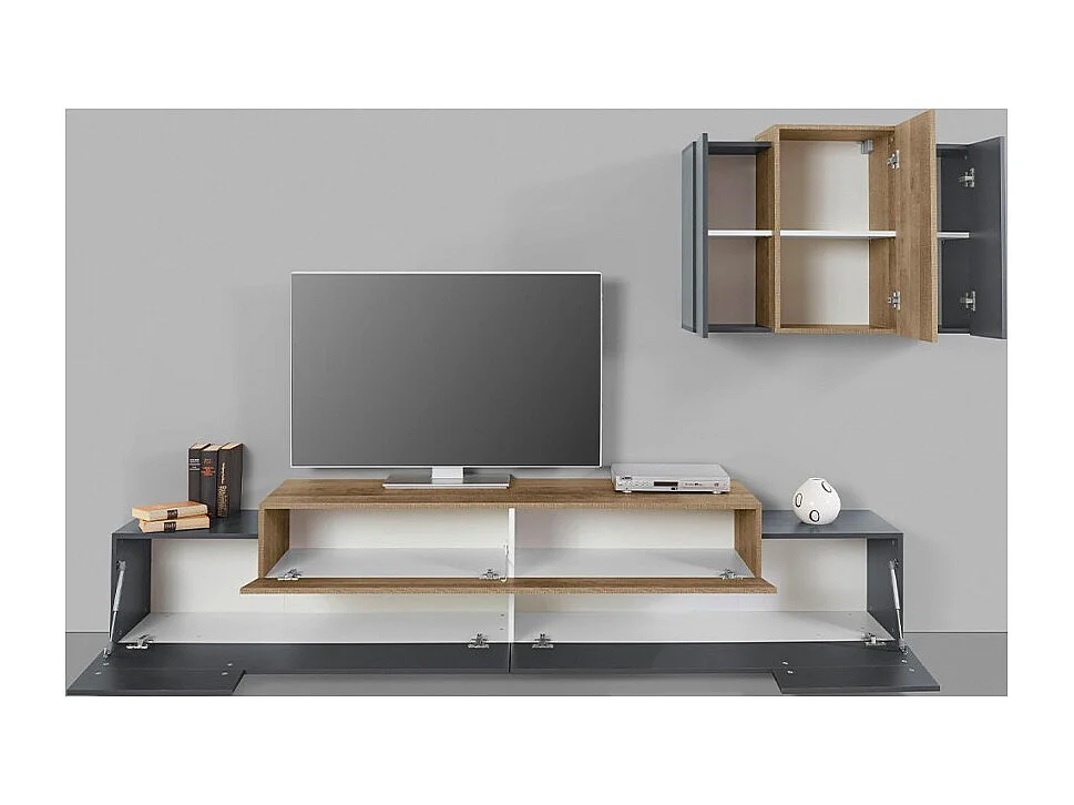 Meuble TV mural moderne en bois noir et placard suspendu Stady AP