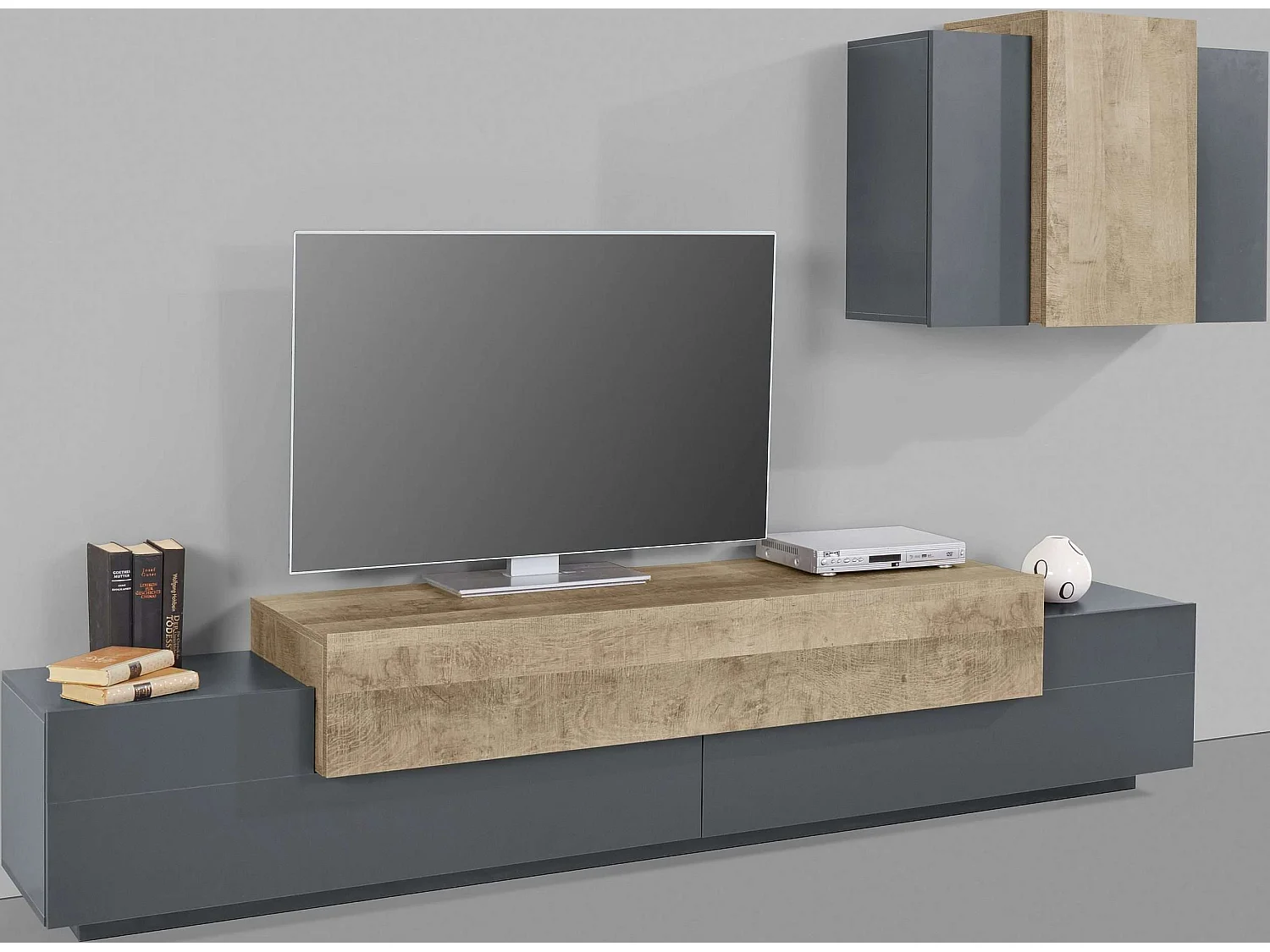 Parete attrezzata porta TV moderna pensile sospeso antracite legno Stady AP