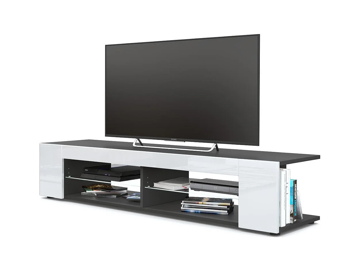 Buffet bas Movie, Meuble TV avec 4 compartiments ouverts et placages décoratifs, Noir mat/Blanc haute brillance (134 x 29 x 39 cm)