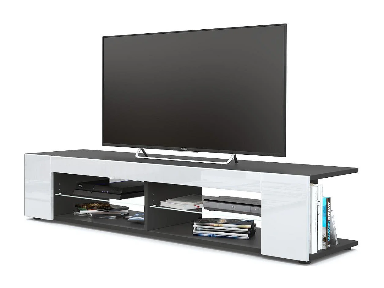 Buffet bas Movie, Meuble TV avec 4 compartiments ouverts et placages décoratifs, Noir mat/Blanc haute brillance (134 x 29 x 39 cm)