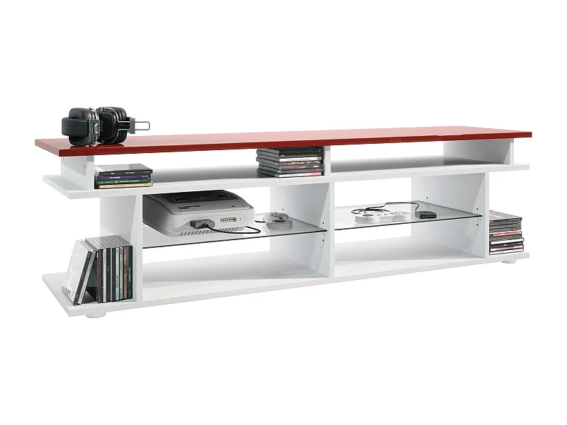 Mesa televisión Movie V3 Game On 138,5 x 39 x 37,5 cm ,, carcasa en blanco mate, soporte de TV en burdeos de alto brillo