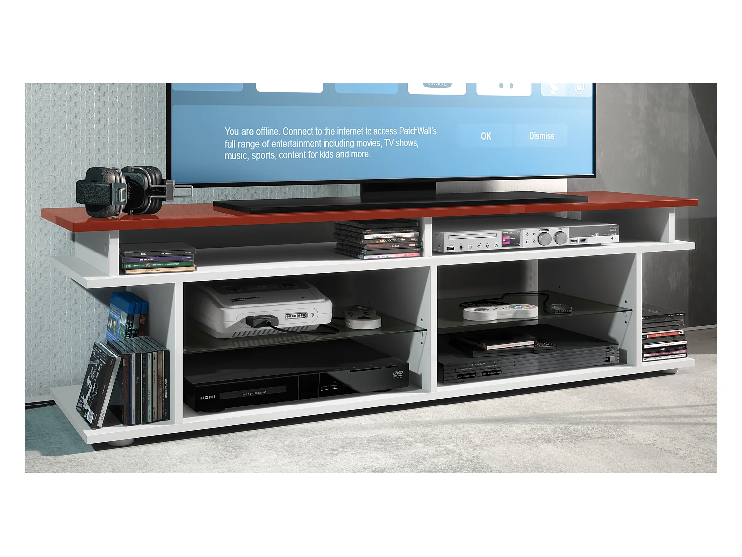 TV Board Movie V3 Game On 138,5 x 39 x 37,5 cm , caisson en blanc mat, élément supérieur en bordeaux haute brillance