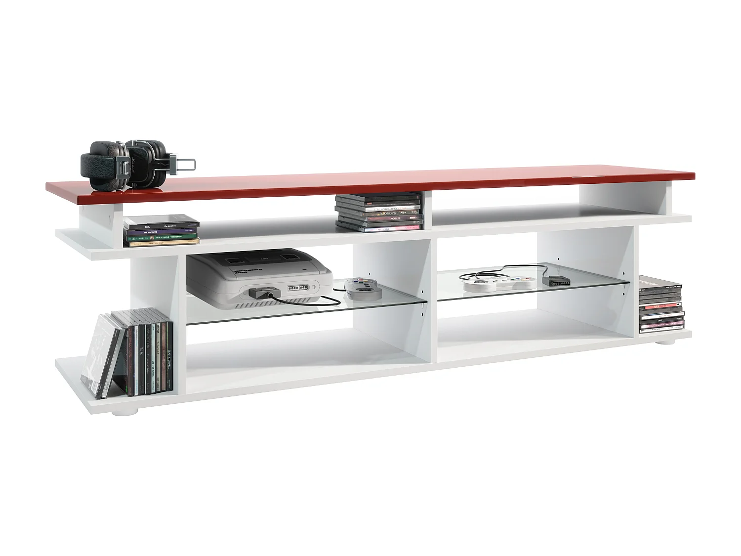TV Board Movie V3 Game On 138,5 x 39 x 37,5 cm , caisson en blanc mat, élément supérieur en bordeaux haute brillance