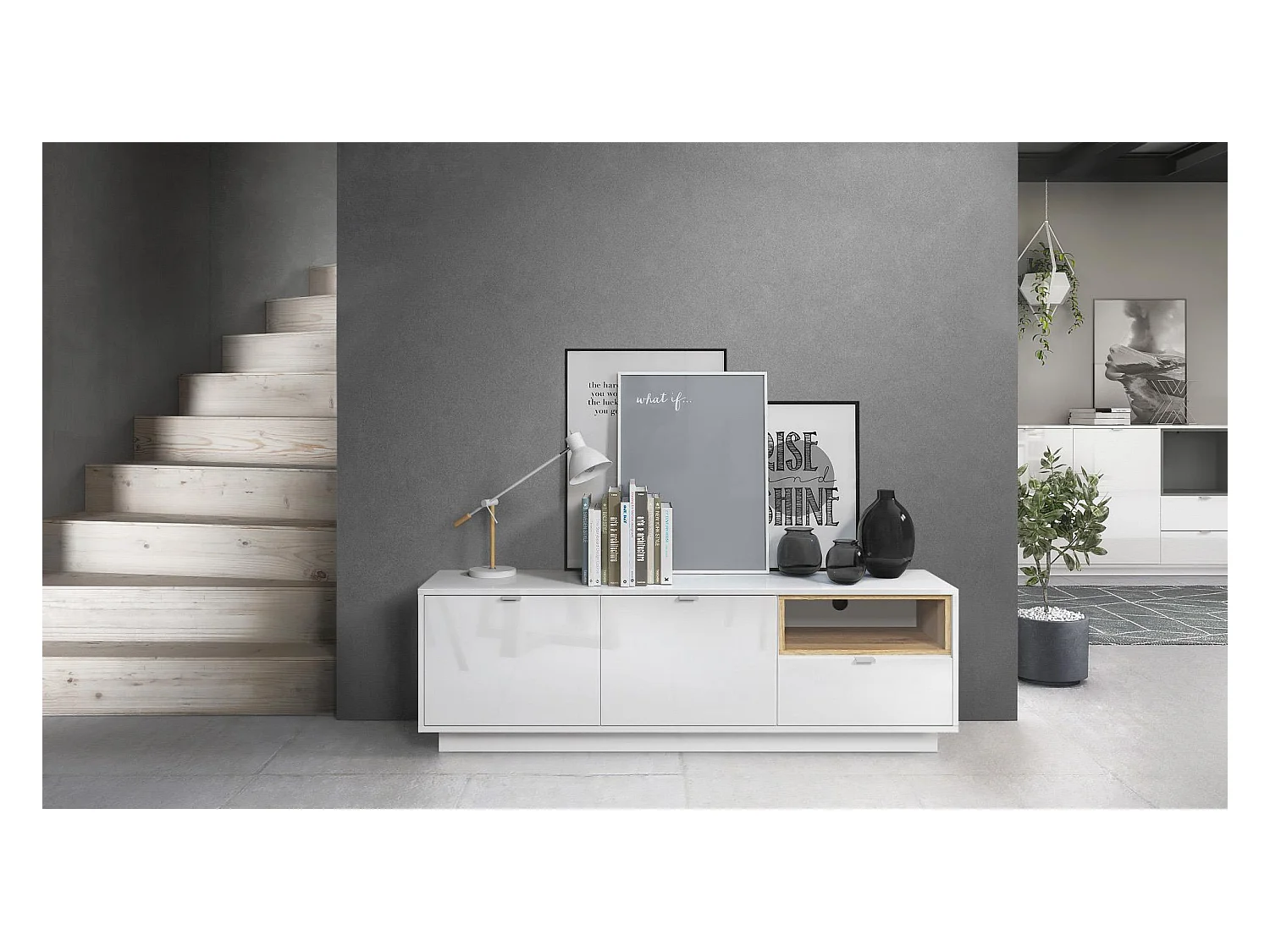 Meuble TV Armoire Metro, Corps en Blanc haute brillance / Façades en Blanc haute brillance avec une insertion en Chêne Nature, incl. L'éclairage LED