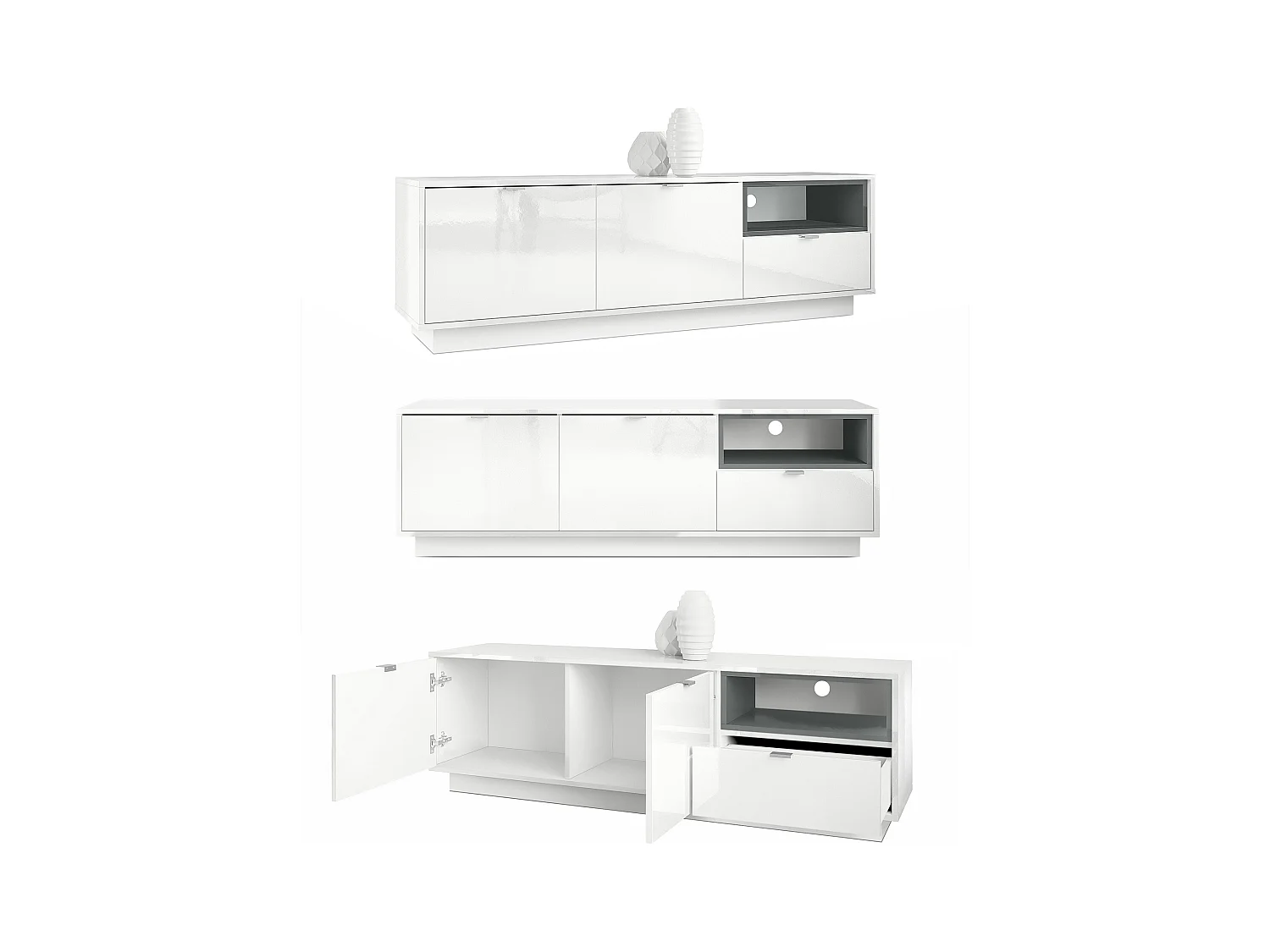 Meuble TV Armoire Metro, Corps en Blanc haute brillance / Façades en Blanc haute brillance avec une insertion en Chêne Nature, incl. L'éclairage LED