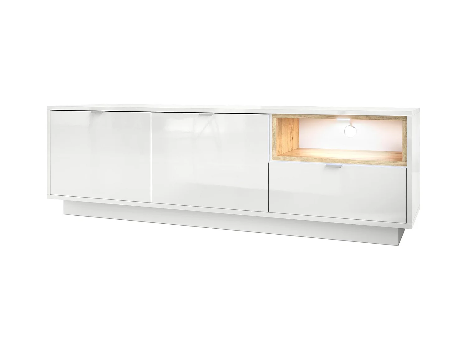 Meuble TV Armoire Metro, Corps en Blanc haute brillance / Façades en Blanc haute brillance avec une insertion en Chêne Nature, incl. L'éclairage LED