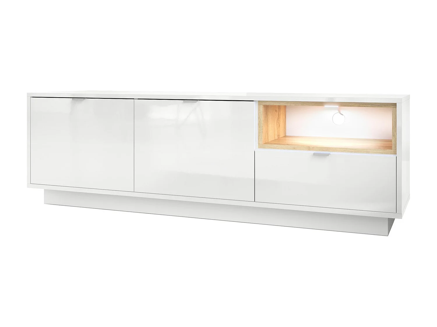 Meuble TV Armoire Metro, Corps en Blanc haute brillance / Façades en Blanc haute brillance avec une insertion en Chêne Nature, incl. L'éclairage LED