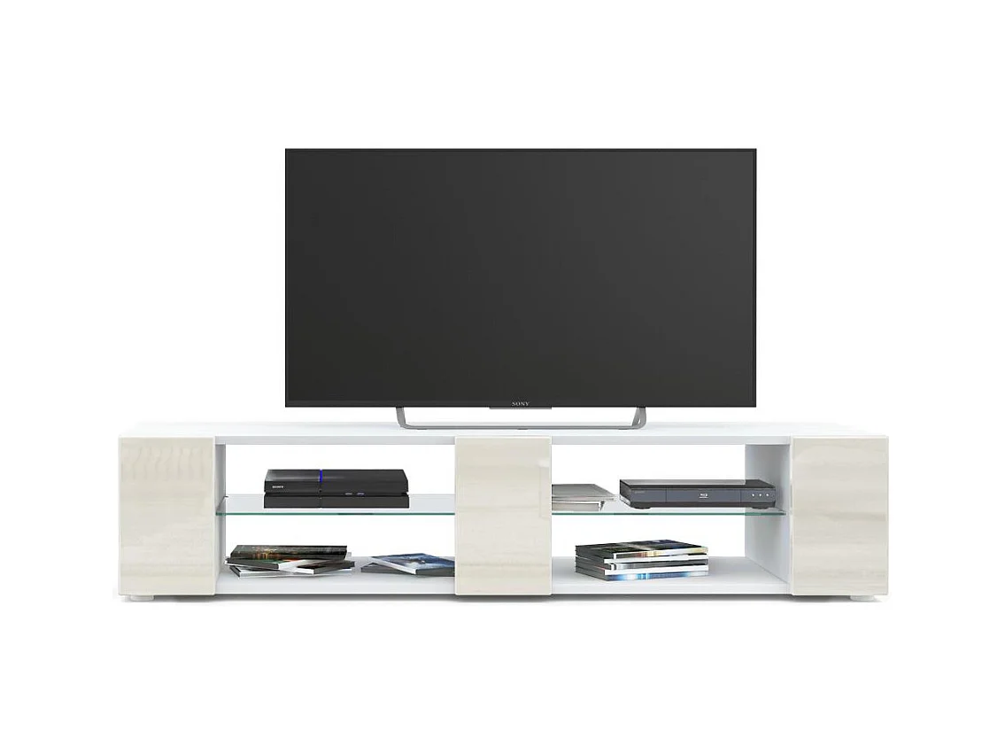 Buffet bas Movie V2, Meuble TV avec 6 compartiments ouverts et placages décoratifs, Blanc mat/Crème haute brillance (134 x 29 x 39 cm)