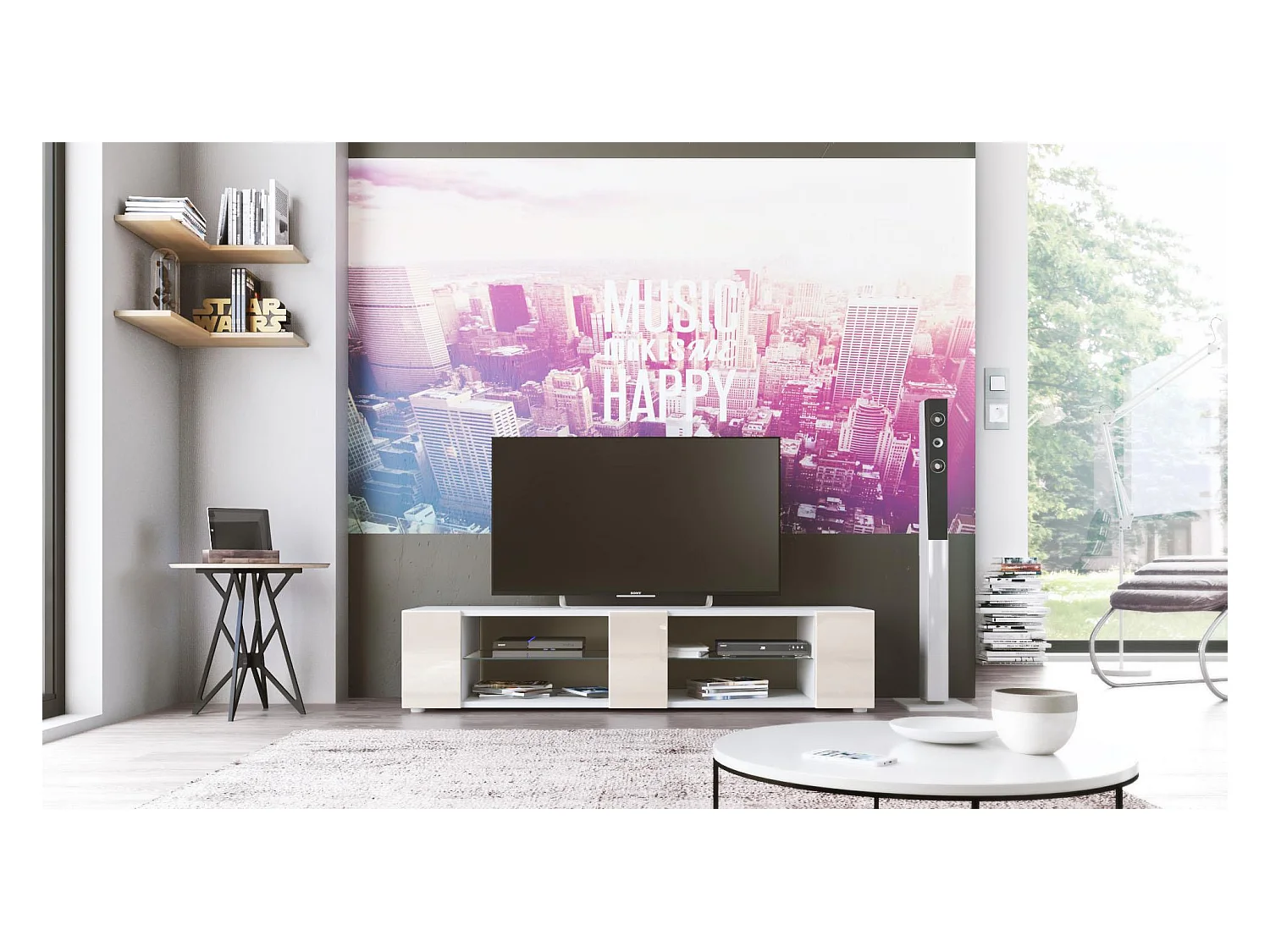 Buffet bas Movie V2, Meuble TV avec 6 compartiments ouverts et placages décoratifs, Blanc mat/Crème haute brillance (134 x 29 x 39 cm)