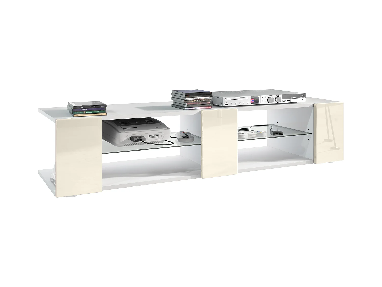 Buffet bas Movie V2, Meuble TV avec 6 compartiments ouverts et placages décoratifs, Blanc mat/Crème haute brillance (134 x 29 x 39 cm)