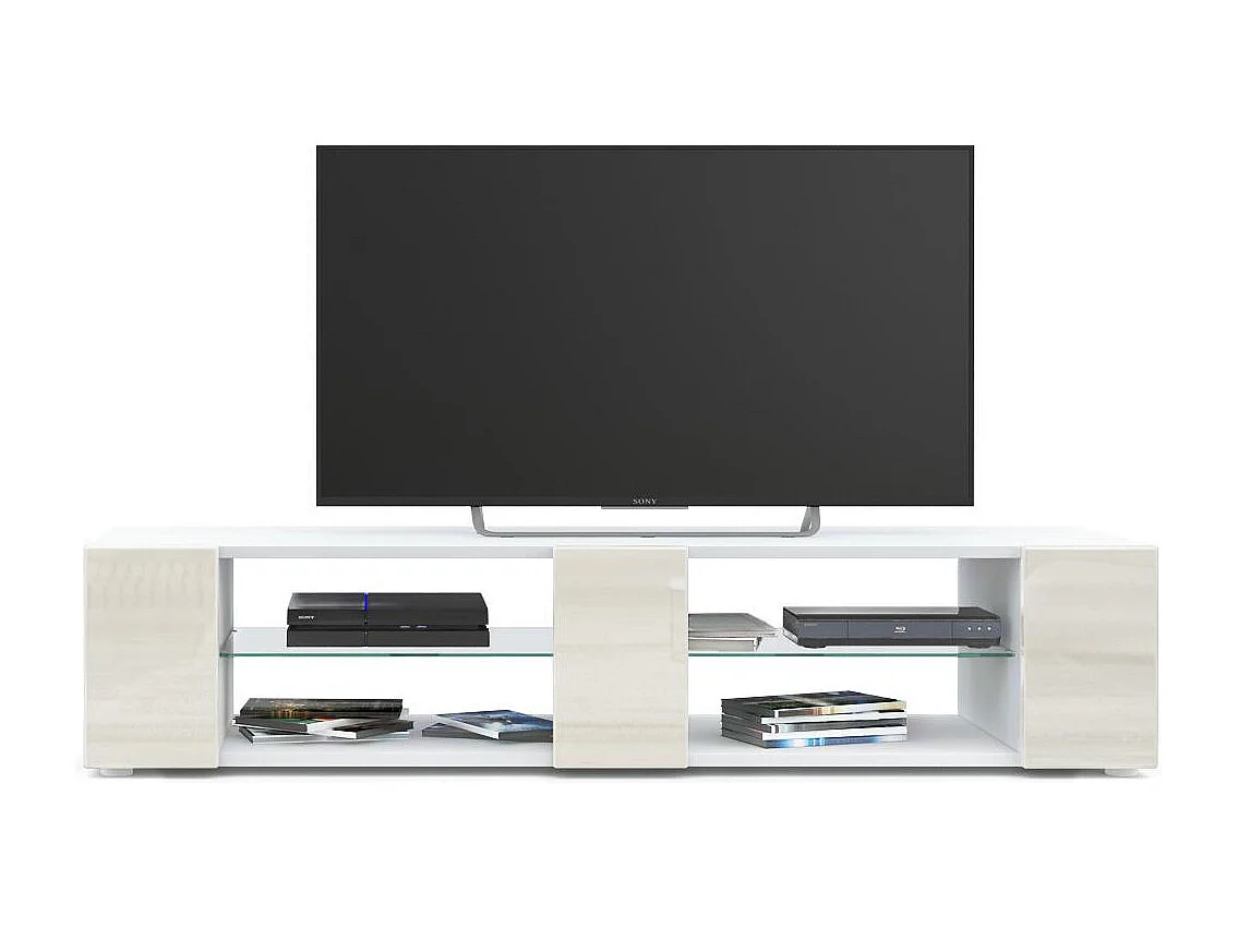 Buffet bas Movie V2, Meuble TV avec 6 compartiments ouverts et placages décoratifs, Blanc mat/Crème haute brillance (134 x 29 x 39 cm)