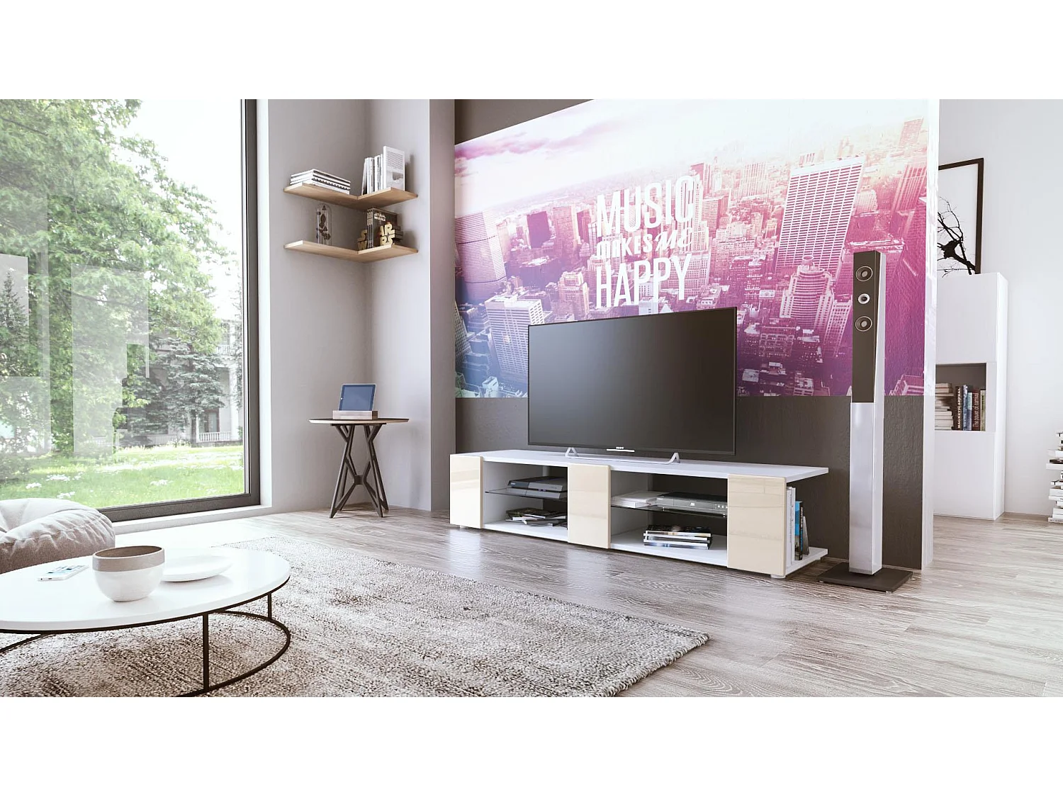 Buffet bas Movie V2, Meuble TV avec 6 compartiments ouverts et placages décoratifs, Blanc mat/Crème haute brillance (134 x 29 x 39 cm)