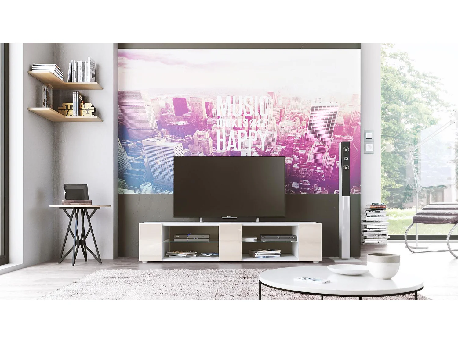 Buffet bas Movie V2, Meuble TV avec 6 compartiments ouverts et placages décoratifs, Blanc mat/Crème haute brillance (134 x 29 x 39 cm)