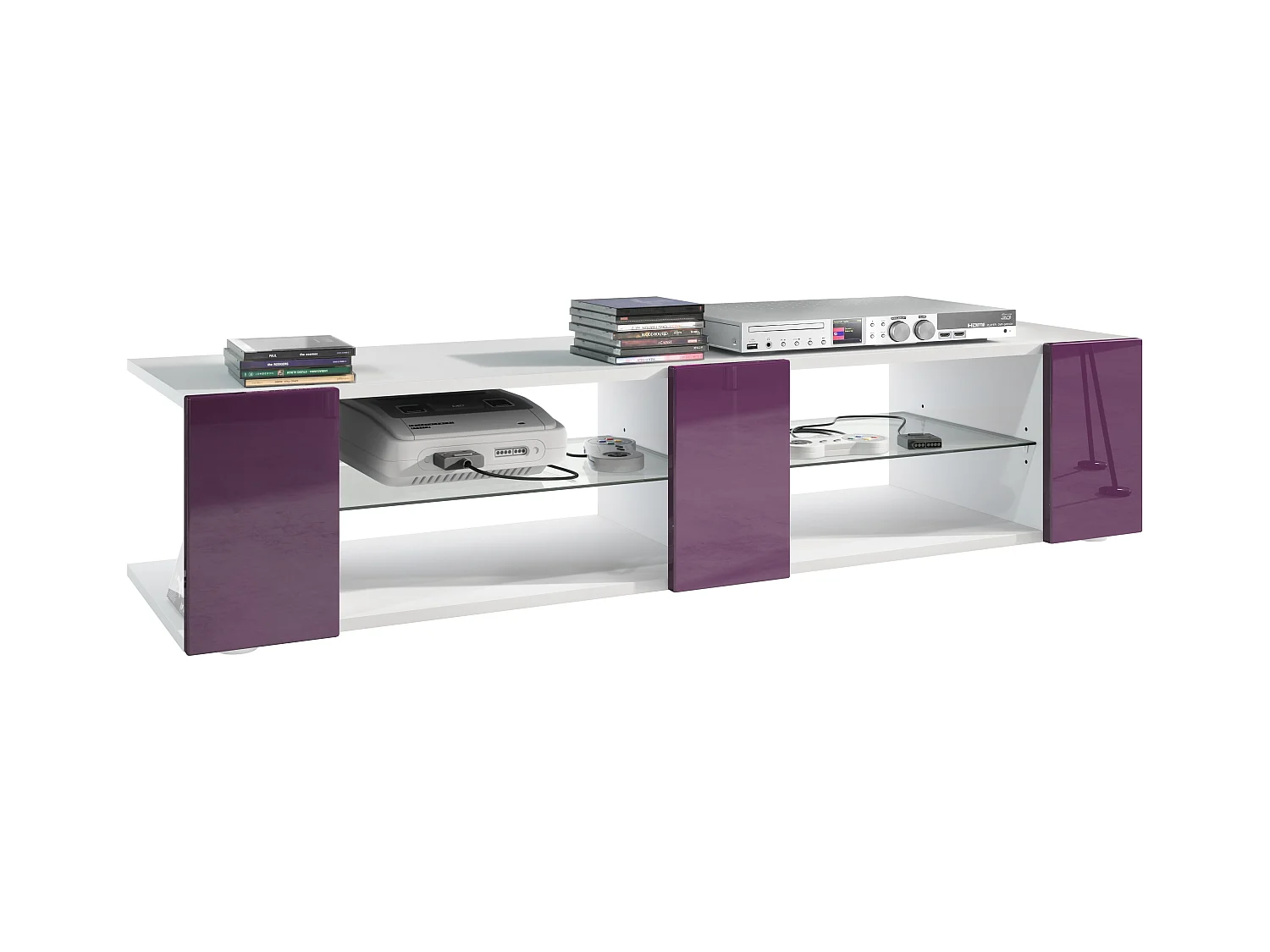 Buffet bas Movie V2, Meuble TV avec 6 compartiments ouverts et placages décoratifs, Blanc mat/Mûre haute brillance (134 x 29 x 39 cm)