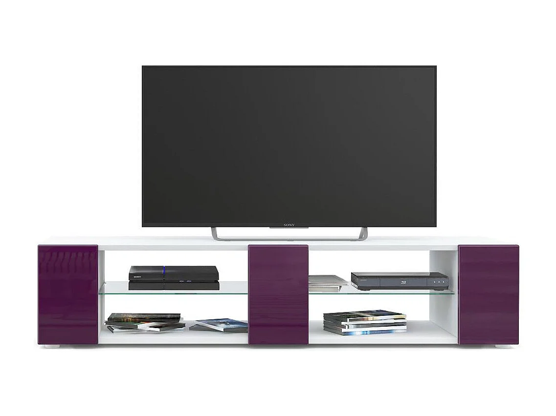 Buffet bas Movie V2, Meuble TV avec 6 compartiments ouverts et placages décoratifs, Blanc mat/Mûre haute brillance (134 x 29 x 39 cm)