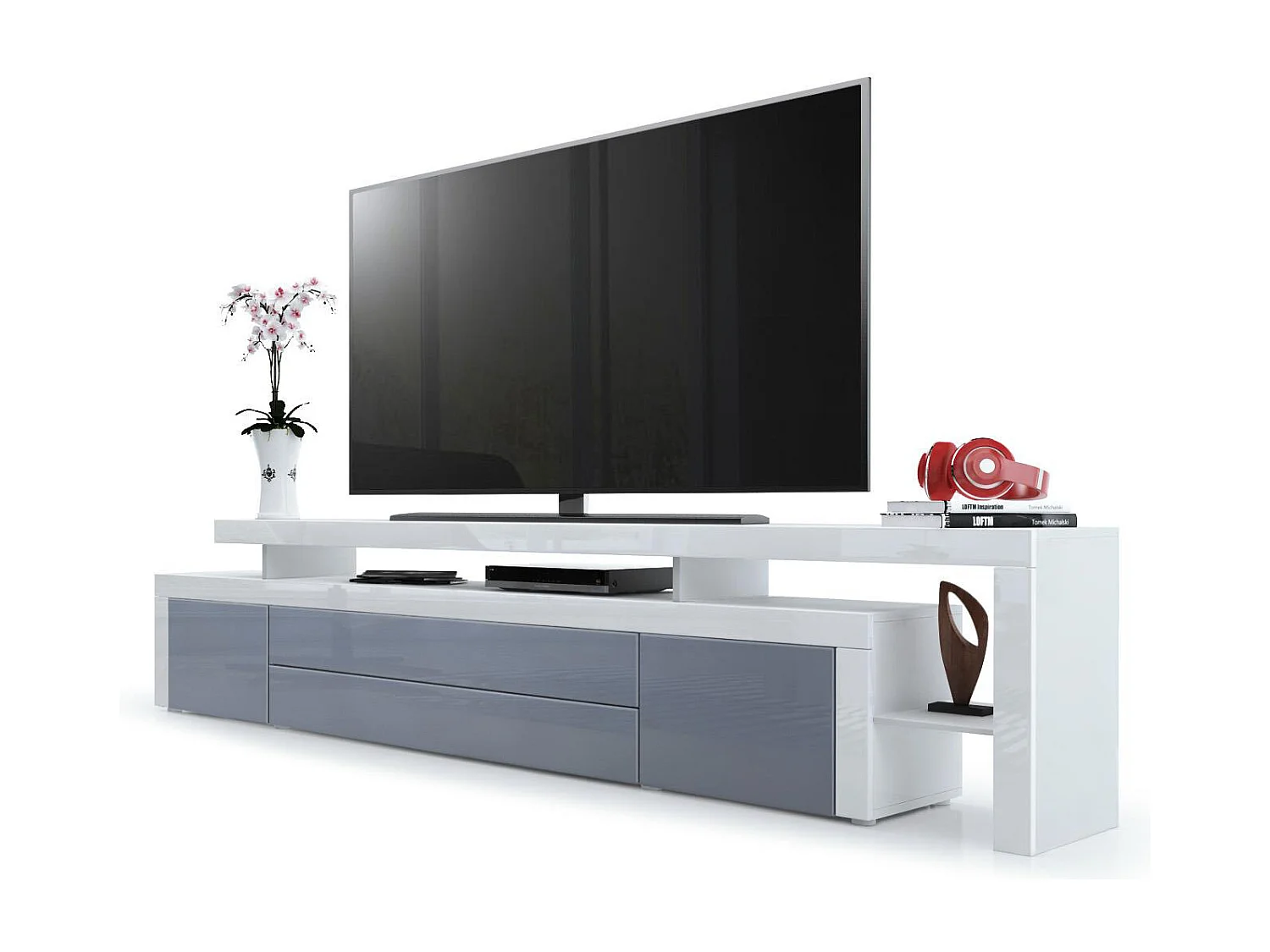 Meuble TV bas Leon, Corps en blanc mat / Façades en gris haute brillance avec une bodure en blanc haute brillance (227 x 52 x 35 cm)