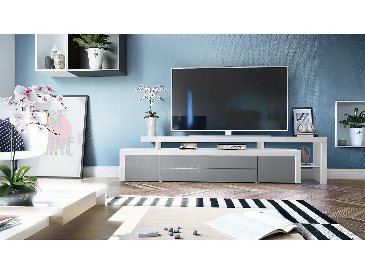 Meuble TV bas Leon, Corps en blanc mat / Façades en gris haute brillance avec une bodure en blanc haute brillance (227 x 52 x 35 cm)