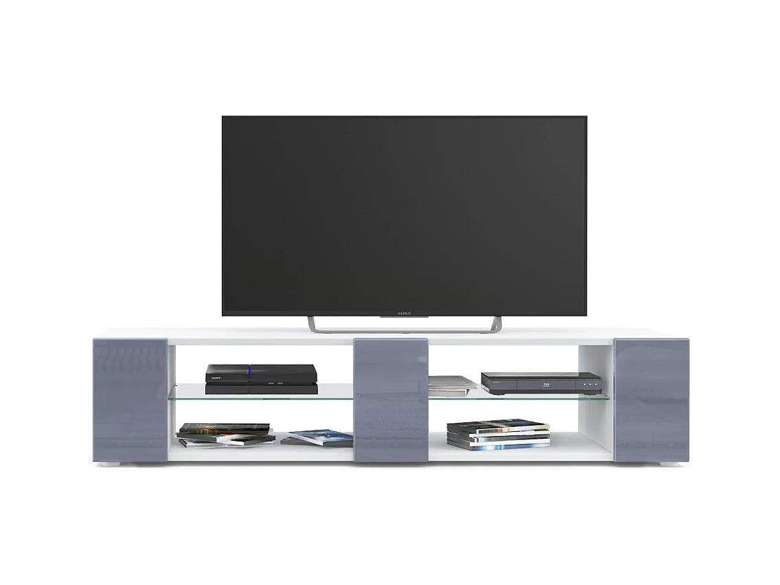 Buffet bas Movie V2, Meuble TV avec 6 compartiments ouverts et placages décoratifs, Blanc mat/Gris haute brillance (134 x 29 x 39 cm)