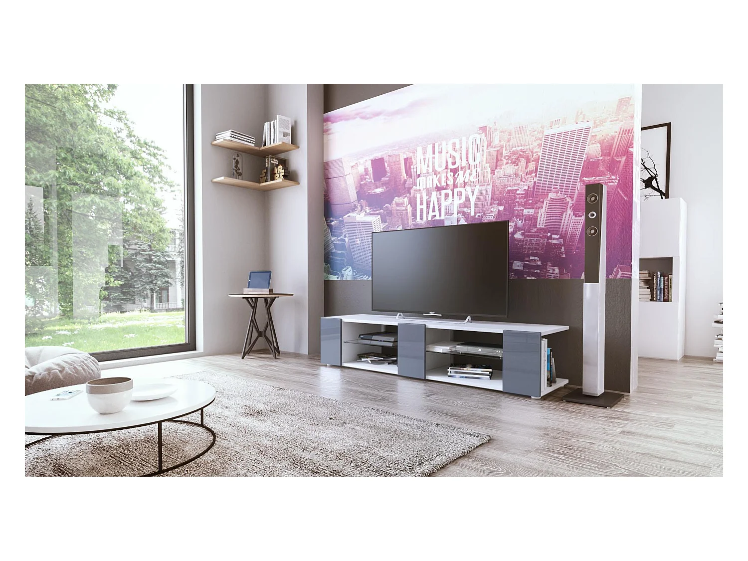 Buffet bas Movie V2, Meuble TV avec 6 compartiments ouverts et placages décoratifs, Blanc mat/Gris haute brillance (134 x 29 x 39 cm)
