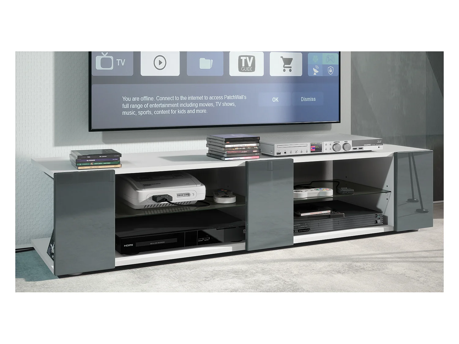 Buffet bas Movie V2, Meuble TV avec 6 compartiments ouverts et placages décoratifs, Blanc mat/Gris haute brillance (134 x 29 x 39 cm)