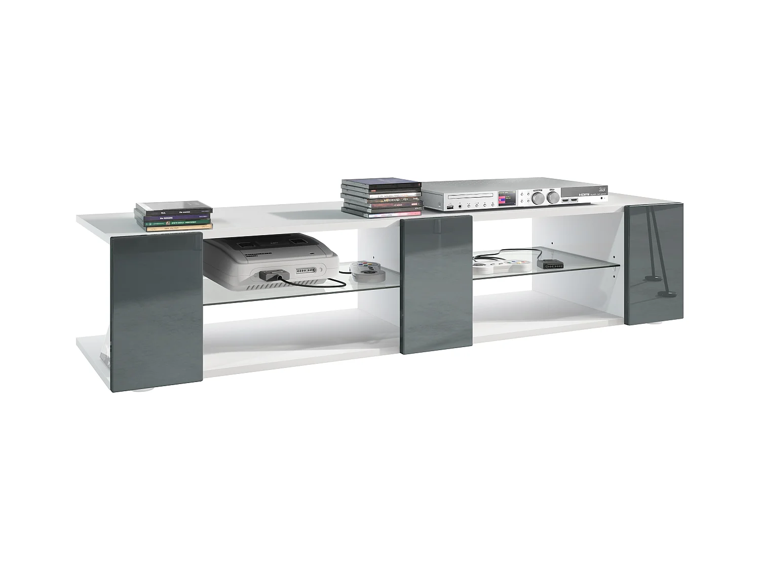 Buffet bas Movie V2, Meuble TV avec 6 compartiments ouverts et placages décoratifs, Blanc mat/Gris haute brillance (134 x 29 x 39 cm)