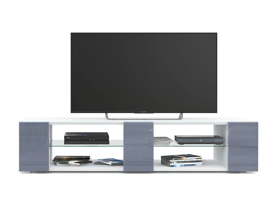 Buffet bas Movie V2, Meuble TV avec 6 compartiments ouverts et placages décoratifs, Blanc mat/Gris haute brillance (134 x 29 x 39 cm)