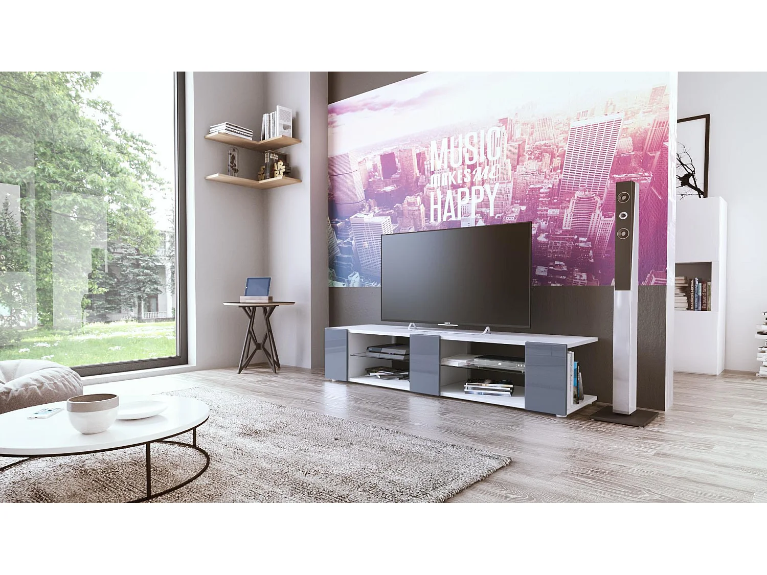 Buffet bas Movie V2, Meuble TV avec 6 compartiments ouverts et placages décoratifs, Blanc mat/Gris haute brillance (134 x 29 x 39 cm)