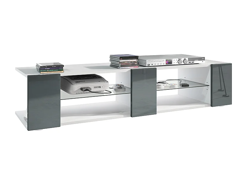 Buffet bas Movie V2, Meuble TV avec 6 compartiments ouverts et placages décoratifs, Blanc mat/Gris haute brillance (134 x 29 x 39 cm)