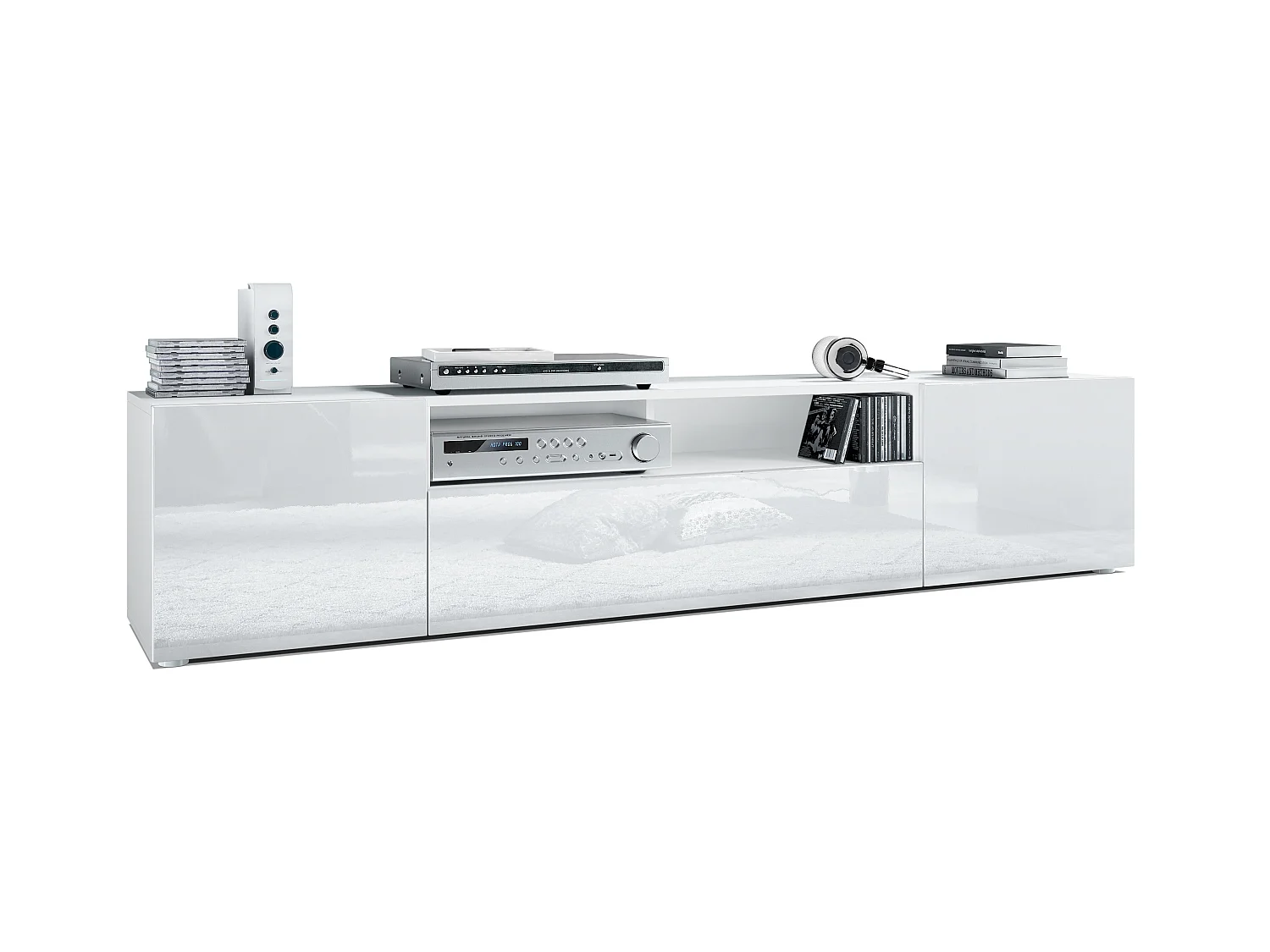 Buffet bas Mogan, Meuble TV avec 2 portes, 1 clapet et 1 compartiment ouvert, Blanc mat/Blanc haute brillance (181 x 39 x 35 cm)