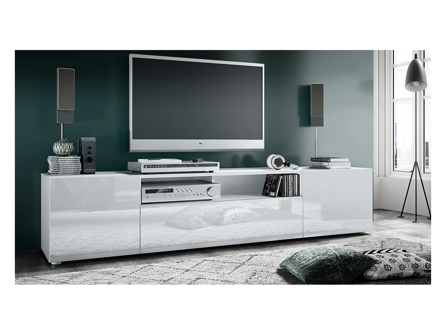 Buffet bas Mogan, Meuble TV avec 2 portes, 1 clapet et 1 compartiment ouvert, Blanc mat/Blanc haute brillance (181 x 39 x 35 cm)