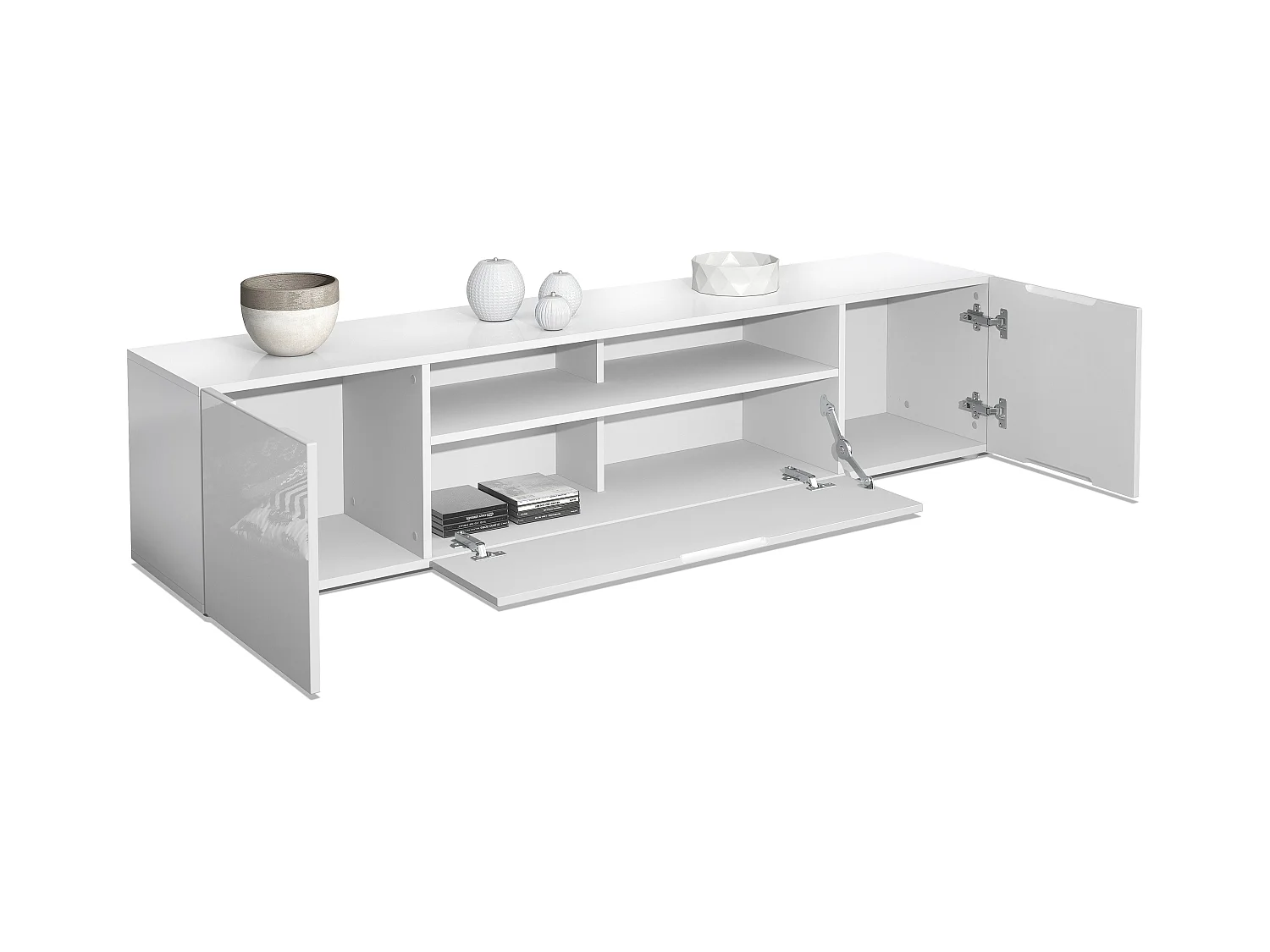 Buffet bas Mogan, Meuble TV avec 2 portes, 1 clapet et 1 compartiment ouvert, Blanc mat/Blanc haute brillance (181 x 39 x 35 cm)