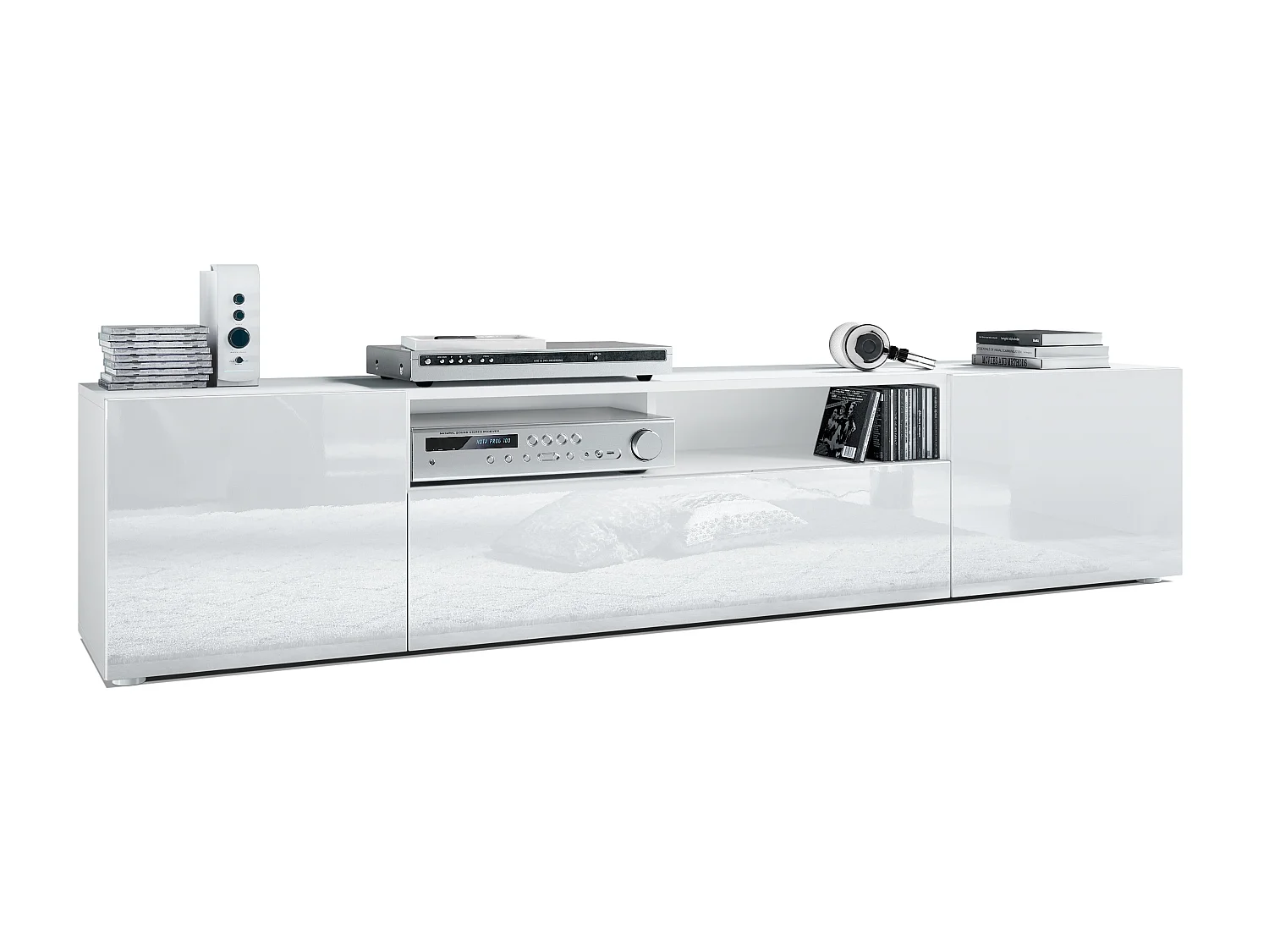 Buffet bas Mogan, Meuble TV avec 2 portes, 1 clapet et 1 compartiment ouvert, Blanc mat/Blanc haute brillance (181 x 39 x 35 cm)