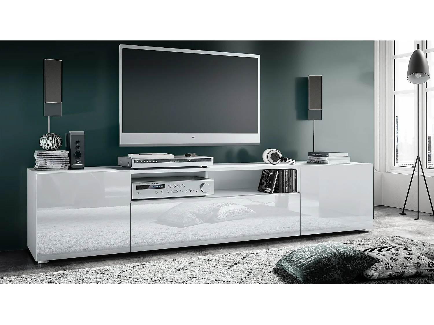 Buffet bas Mogan, Meuble TV avec 2 portes, 1 clapet et 1 compartiment ouvert, Blanc mat/Blanc haute brillance (181 x 39 x 35 cm)