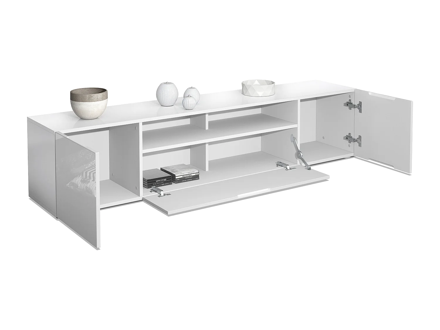 Buffet bas Mogan, Meuble TV avec 2 portes, 1 clapet et 1 compartiment ouvert, Blanc mat/Blanc haute brillance (181 x 39 x 35 cm)
