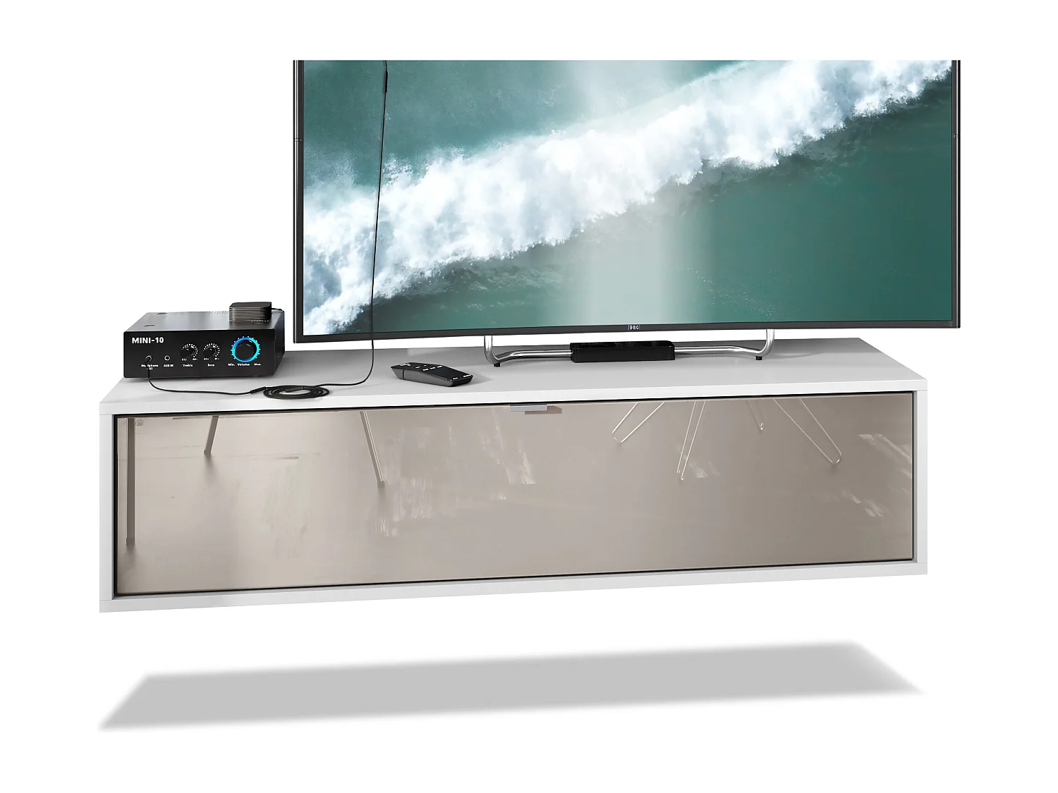 Mueble televisor Lana 120 Mueble de pared para televisión 120 x 29 x 37 cm, Cuerpo en Blanco Mate, Frentes en Gris arena de alto brillo | Gran variedad de colores