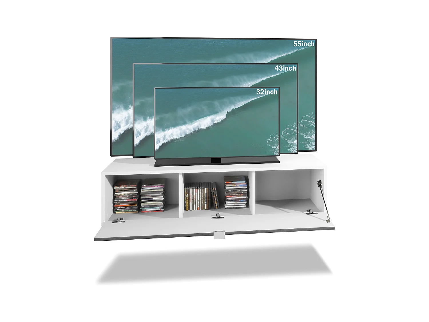 Mueble televisor Lana 120 Mueble de pared para televisión 120 x 29 x 37 cm, Cuerpo en Blanco Mate, Frentes en Gris arena de alto brillo | Gran variedad de colores