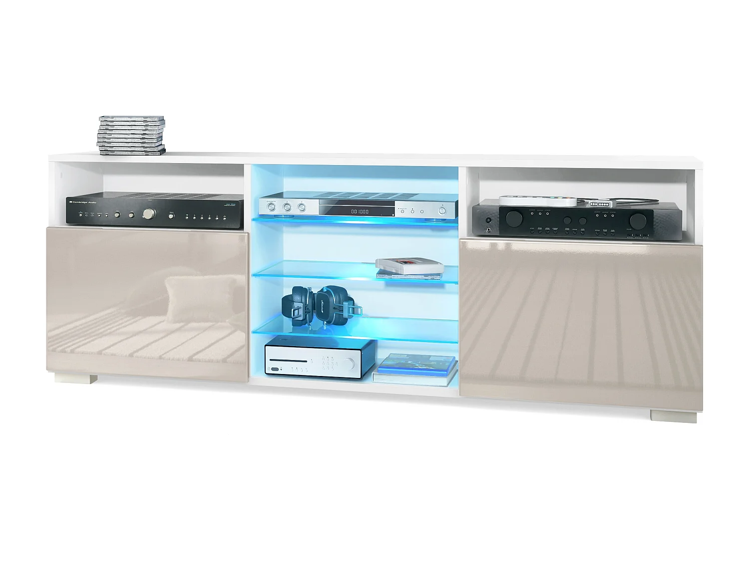 Meuble TV Granada, Lowboard avec 2 portes et 6 compartiments ouverts, corps blanc mat, façades en gris sable brillant avec éclairage LED RVB (146 x 54 x 35 cm)