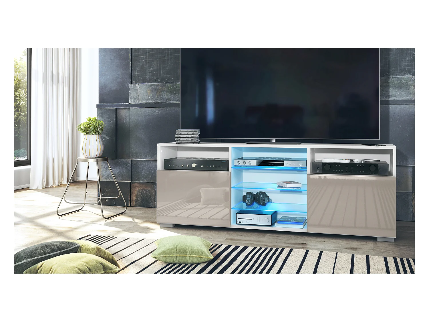 Meuble TV Granada, Lowboard avec 2 portes et 6 compartiments ouverts, corps blanc mat, façades en gris sable brillant avec éclairage LED RVB (146 x 54 x 35 cm)