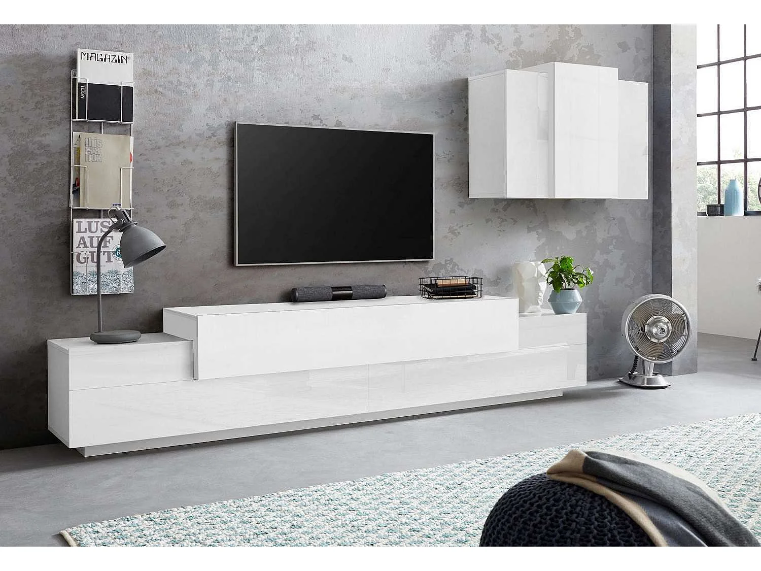Meuble mural moderne Stady WH blanc avec support TV suspendu