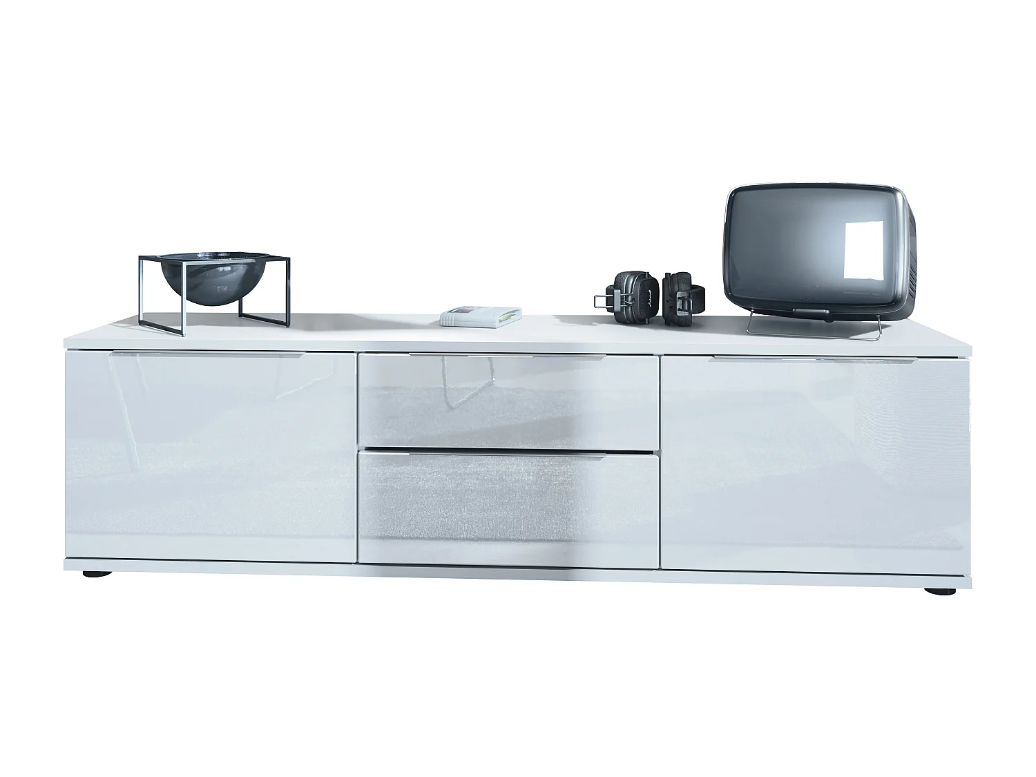 Buffet TV Linio V1, Table de télévision avec 2 portes et 2 tiroirs - Blanc / blanc haute brillance (138,5 x 37,5 x 35 cm)