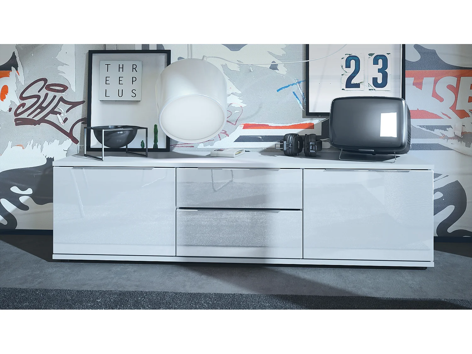 Buffet TV Linio V1, Table de télévision avec 2 portes et 2 tiroirs - Blanc / blanc haute brillance (138,5 x 37,5 x 35 cm)