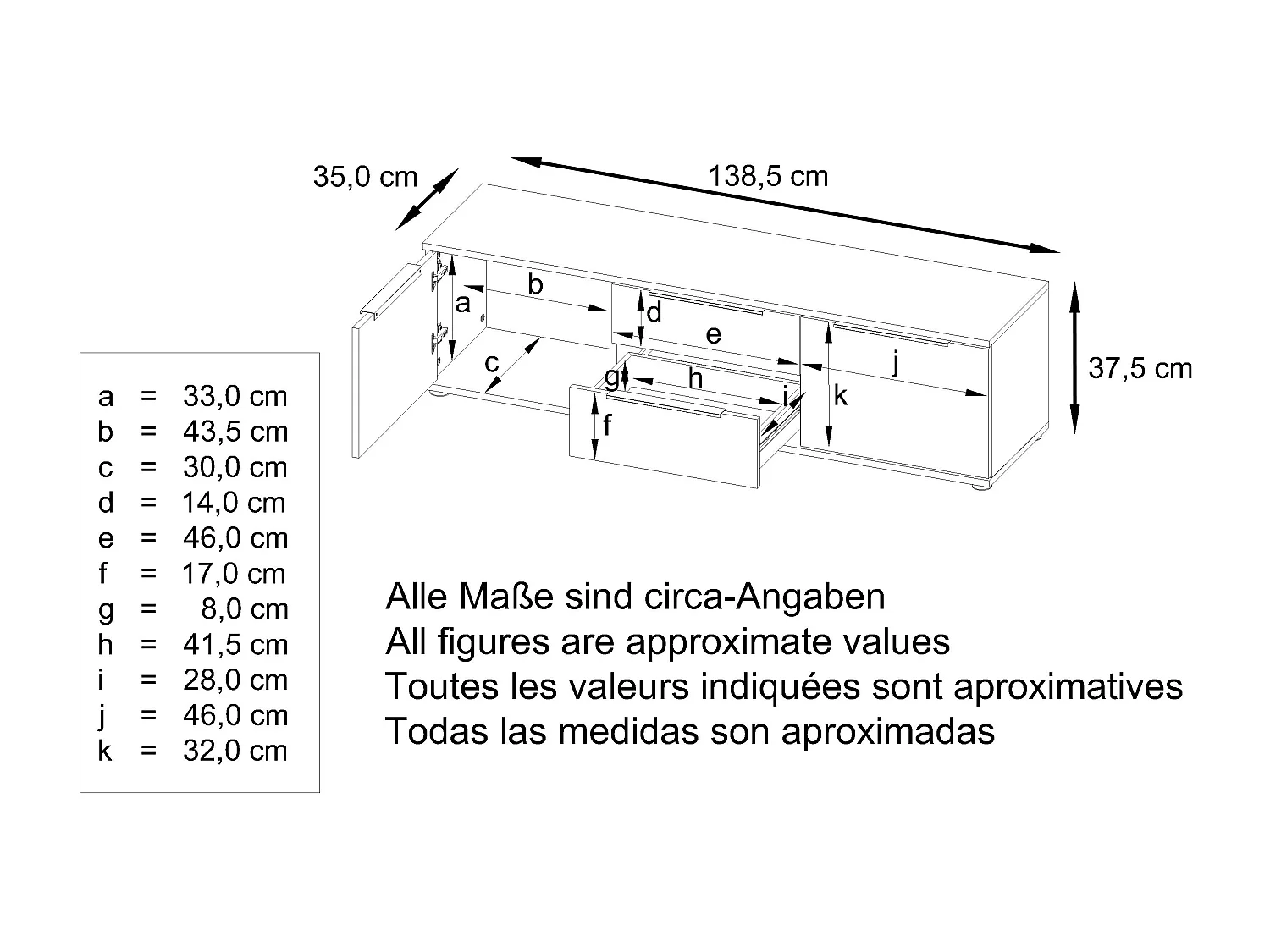 Buffet TV Linio V1, Table de télévision avec 2 portes et 2 tiroirs - Blanc / blanc haute brillance (138,5 x 37,5 x 35 cm)