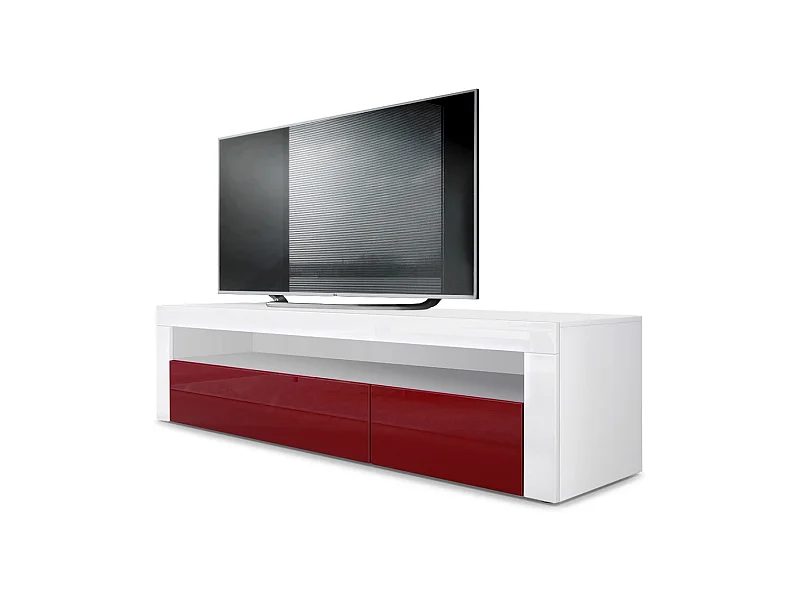 Buffet bas Valencia, Meuble TV avec 1 compartiment ouvert et 2 clapets, Blanc mat/bordeaux haute brillance/blanc haute brillance (155 x 46 x 40 cm)