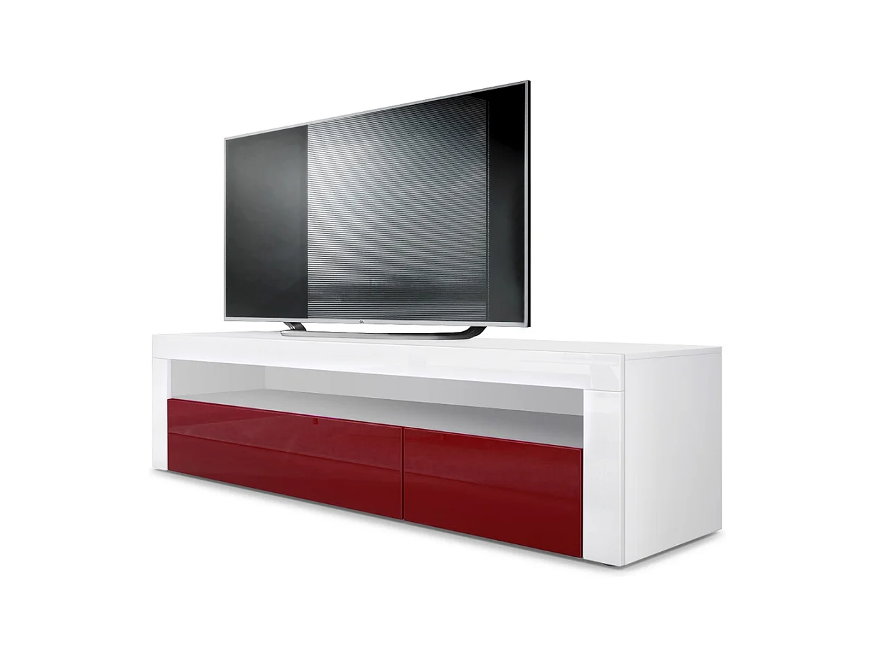 Buffet bas Valencia, Meuble TV avec 1 compartiment ouvert et 2 clapets, Blanc mat/bordeaux haute brillance/blanc haute brillance (155 x 46 x 40 cm)