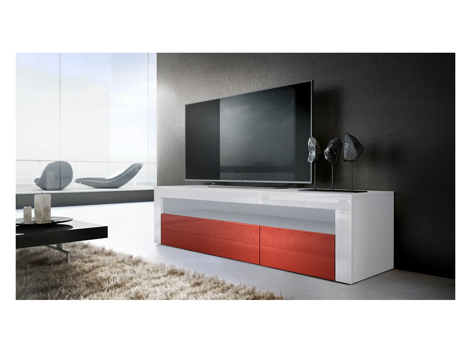 Buffet bas Valencia, Meuble TV avec 1 compartiment ouvert et 2 clapets, Blanc mat/bordeaux haute brillance/blanc haute brillance (155 x 46 x 40 cm)