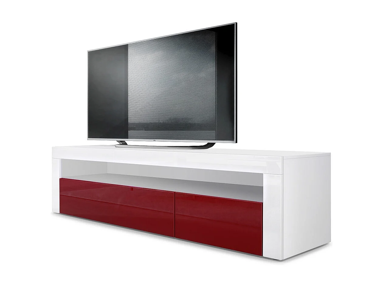 Buffet bas Valencia, Meuble TV avec 1 compartiment ouvert et 2 clapets, Blanc mat/bordeaux haute brillance/blanc haute brillance (155 x 46 x 40 cm)