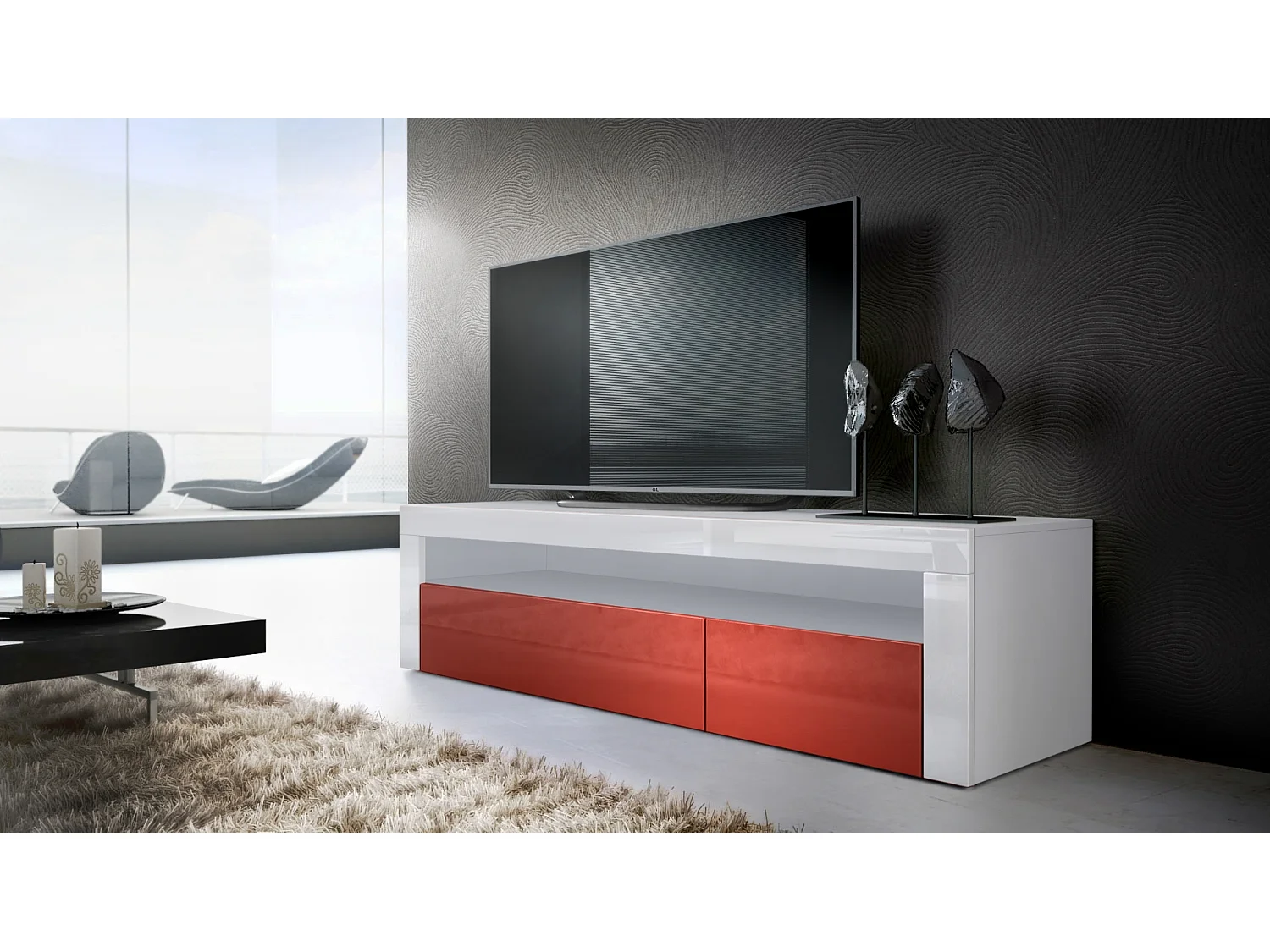 Buffet bas Valencia, Meuble TV avec 1 compartiment ouvert et 2 clapets, Blanc mat/bordeaux haute brillance/blanc haute brillance (155 x 46 x 40 cm)