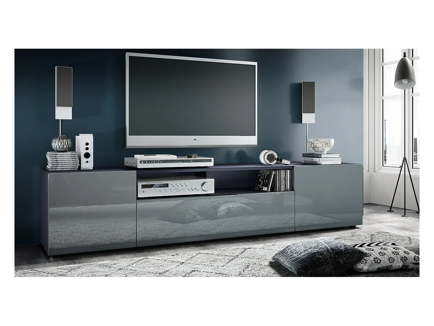 Meuble TV Mogan 181 x 39 x 35 cm, lowboard long avec 6 compartiments, caisson en anthracite mat, façades en Gris haute brillance
