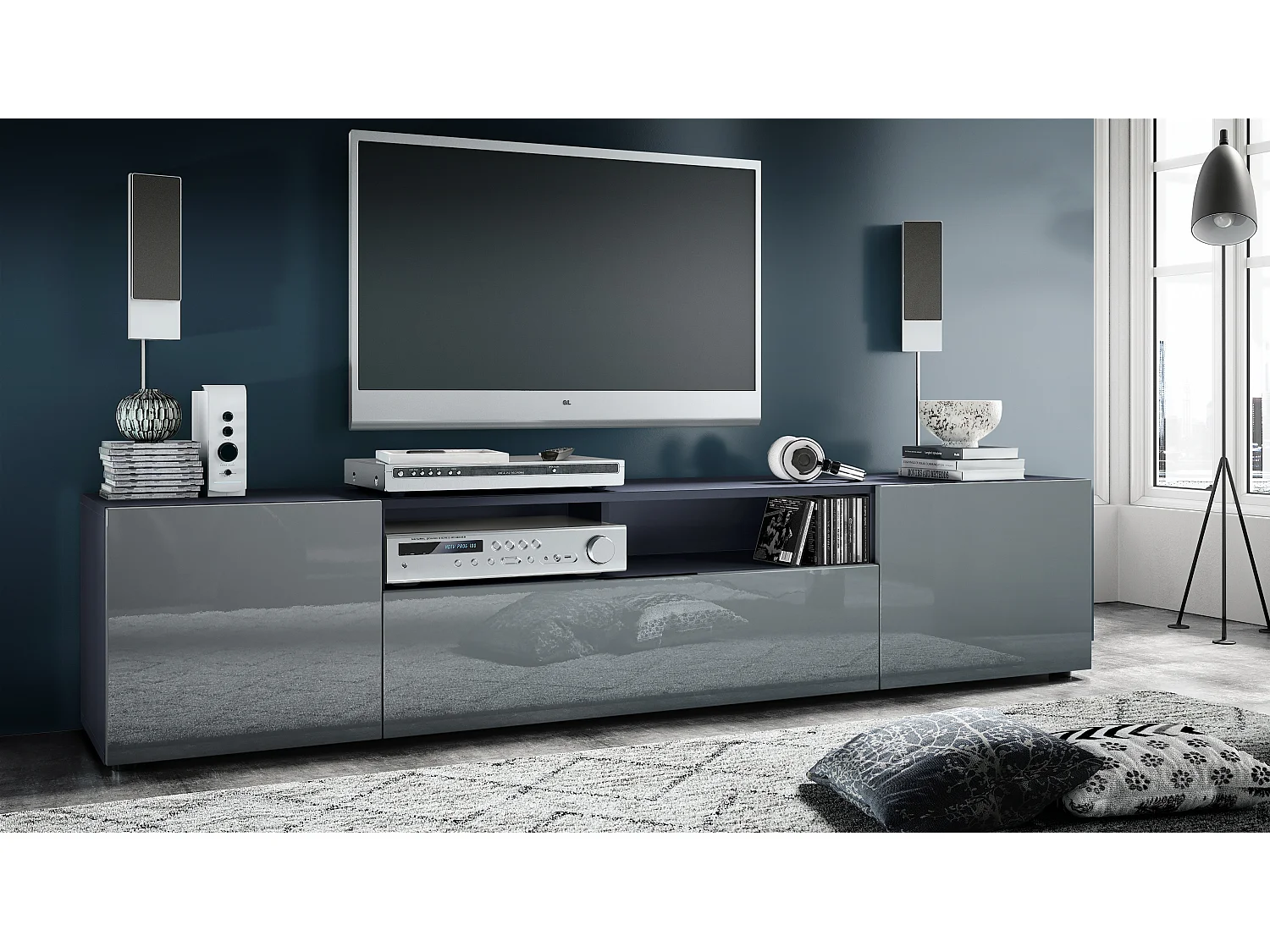 Meuble TV Mogan 181 x 39 x 35 cm, lowboard long avec 6 compartiments, caisson en anthracite mat, façades en Gris haute brillance